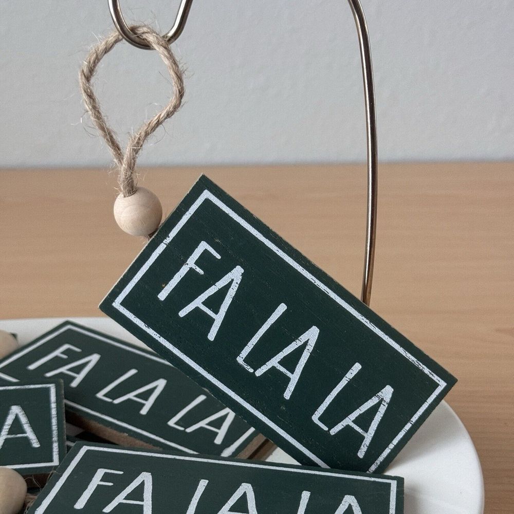 New Set 10 "Wooden" Xmas Holiday Gift Tags Fa La La Green Bead Modern Farm Jute
